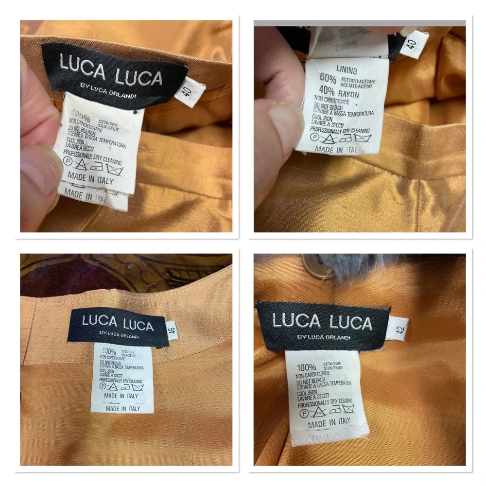 Vtg Luca Luca 3pc Silk Shantung Skirt Suit Set Copper Faux Fur Collar Hollywood